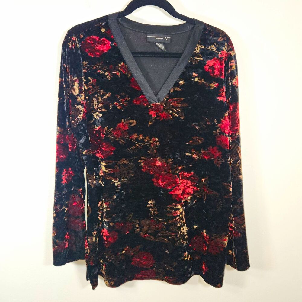 Vintage Y2K Floral Velvet V-Neck Long Sleeve Satin Trim Stretch Top Size 14/16